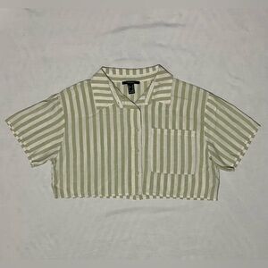 Forever 21 Sage Green & White Striped Cropped Button-Up Shirt - Size Medium
